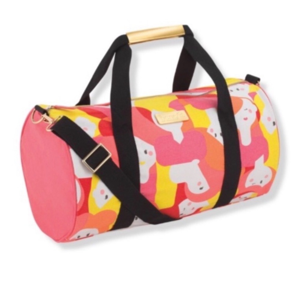 💚Benefit Pink & Yellow Canvas Travel Bag/crossbody/duffle w/zipper closure.NWT